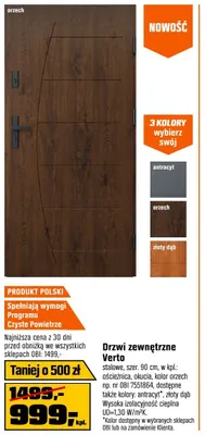 Drzwi zewnętrzne Verto stalowe szer. 90cm w kpl.: ościeżnica, okucia, kolor orzech promocja w OBI
