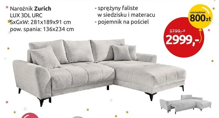 Narożnik Zurich LUX 3DL.URC promocja w Black Red White
