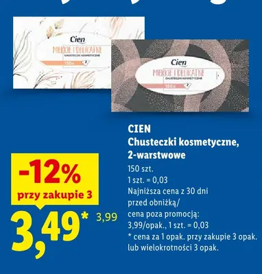 Chusteczki kosmetyczne Cien Miękkie i Delikatne 2-warstwowe promocja w Lidl