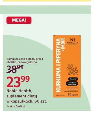 Suplement diety w kapsułkach Noble Health Kurkuma i Piperyna + Imbir promocja w Rossmann