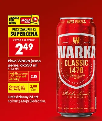 Piwo Warka Jasne Pełne promocja w Biedronka