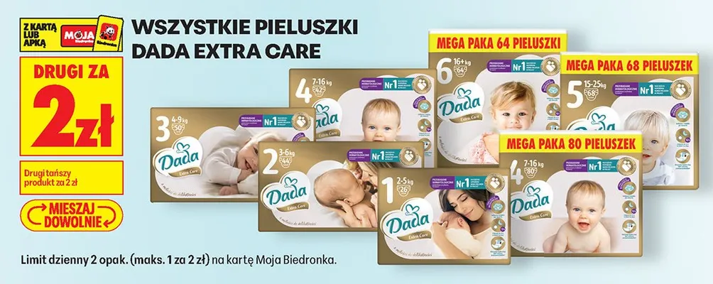 Pieluchy Extra Care rozmiar 4 mega paka promocja w Biedronka