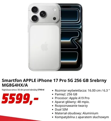 Smartfon APPLE iPhone 17 Pro 256 GB Srebrny promocja w Media Markt