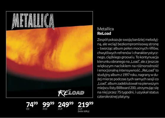 Płyta winylowa Metallica ReLoad 2 LP żółta promocja w Empik