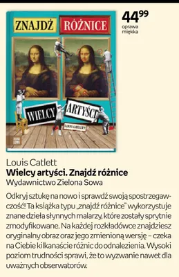 Książka Wielcy artyści. Znajdź różnice Louis Catlett Wydawnictwo Zielona Sowa oprawa miękka promocja w Empik
