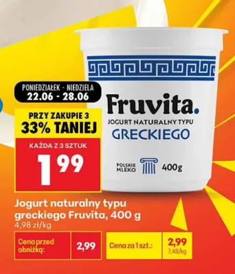 Jogurt naturalny typu greckiego Fruvita promocja w Biedronka