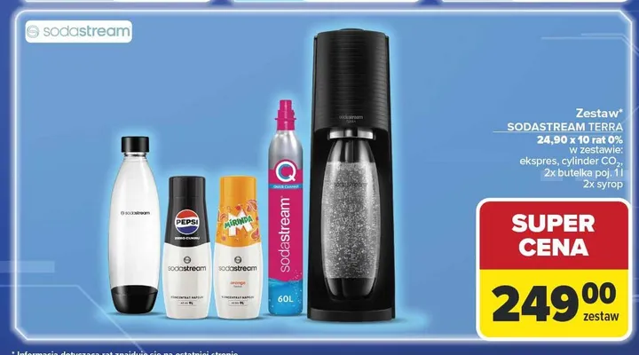 Zestaw SODASTREAM TERRA w zestawie: ekspres, cylinder CO2,2x butelka poj. 1l, 2x syrop promocja w Carrefour