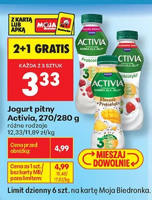 Jogurt pitny malina granat Activia promocja w Biedronka