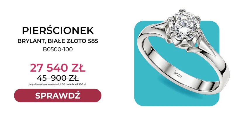 Pierścionek brylant białe złoto 585 B0500-100 Briju promocja w Briju