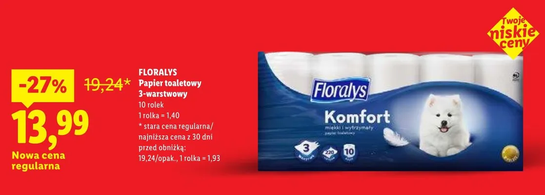 Papier toaletowy Floralys Komfort 3-warstwowy 10-pak promocja w Lidl