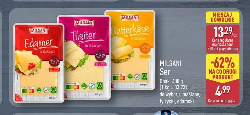 Ser Edamer w plastrach Milsani promocja w Aldi