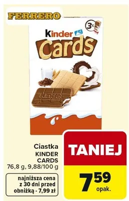 Ciastka KINDER CARDS 76,8 g, 9,68/100 g promocja w Carrefour