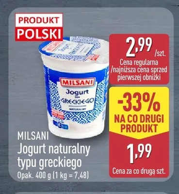 Jogurt naturalny typu greckiego Milsani promocja w Aldi