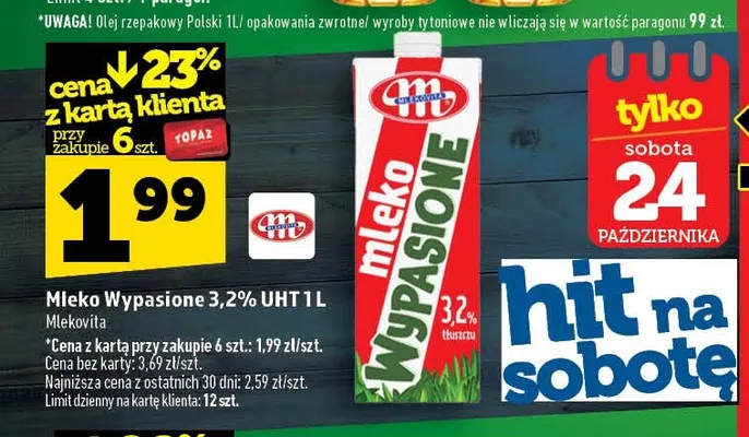 Mleko UHT Wypasione Mlekovita 3,2% promocja w TOPAZ