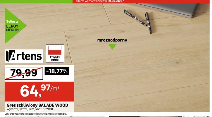 Gres szkliwiony Artens Balade Wood promocja w Leroy Merlin