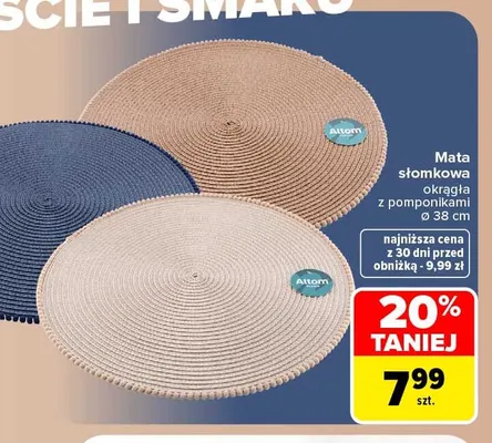 Mata słomkowa okrągła z pomponikami ø38 cm Altom Design promocja w Carrefour