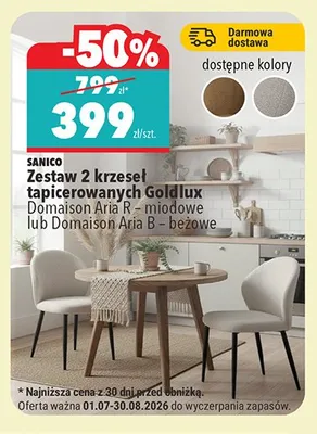 Zestaw 2 krzeseł tapicerowanych Goldlux Domaison Aria R miodowe promocja w Biedronka