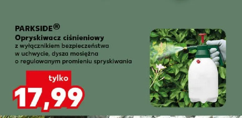 Opryskiwacz ciśnieniowy z wyłącznikiem bezpieczeństwa w uchwycie, dyszą mosiężną o regulowanym promieniu spryskiwania poj. 2l promocja w Kaufland
