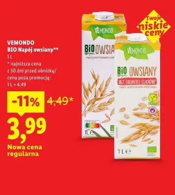 Bio napój owsiany bez dodatku cukrów Vemondo promocja w Lidl