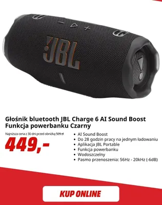 Głośnik bluetooth Jbl Charge 6 Ai Sound Boost funkcja powerbanku czarny promocja w Media Markt