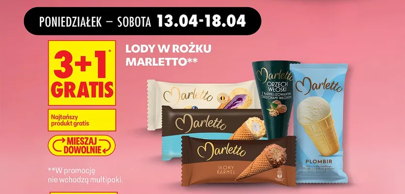 Lody w rożku Marletto 3+1 GRATIS promocja w Biedronka