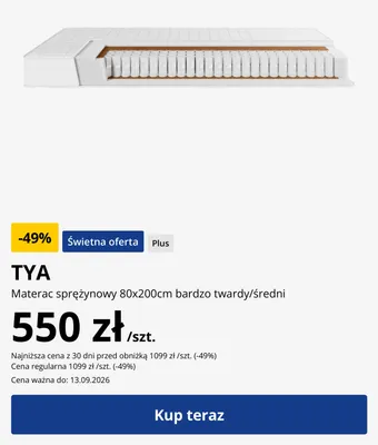 Materac sprężynowy TYA 80x200 cm bardzo twardy/średni promocja w Jysk