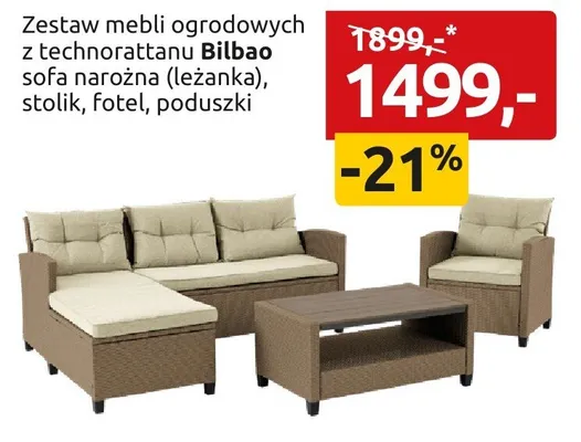 Zestaw mebli ogrodowych z technorattanu sofa narożna (leżanka), stolik, fotel, poduszki promocja w Black Red White