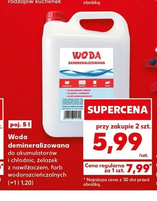 Woda demineralizowana poj. 5l do akumulatorów i chłodnic, żelazek z nawilżaczem, farb wodorozcieńczalnych promocja w Kaufland