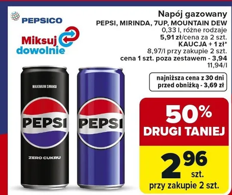 Napój gazowany Pepsi, Mirinda, 7up, Mountain Dew promocja w Carrefour