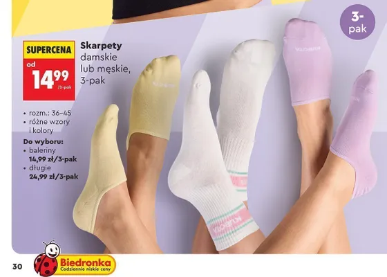 Skarpety damskie lub męskie Kubota baleriny rozm. 36-45 3-pak promocja w Biedronka