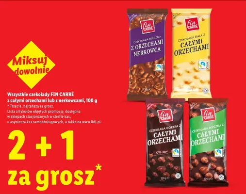 Wszystkie czekolady Fin Carre z całymi orzechami lub z nerkowcami 2+1 ZA GROSZ promocja w Lidl