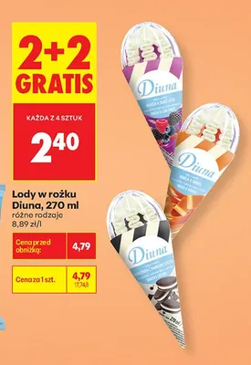 Lody rożek Diuna Czekoladowe z kawałkami ciastek i Wanilia promocja w Biedronka