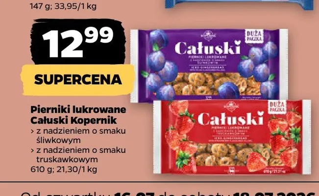 Pierniki lukrowane Całuski Kopernik z nadzieniem o smaku truskawkowym promocja w Netto