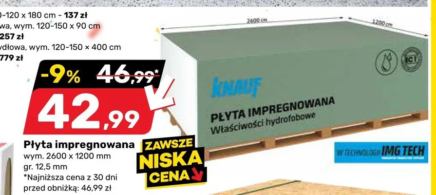Płyta impregnowana KNAUF wym. 2600x1200mm gr. 12,5mm promocja w Bricomarche