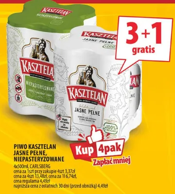 Piwo Kasztelan jasne pełne, niepasteryzowane 4x500ml promocja w Arhelan