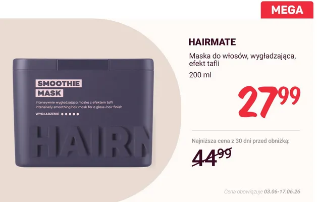 Maska do włosów Hairmate wygładzająca efekt tafli promocja w Rossmann