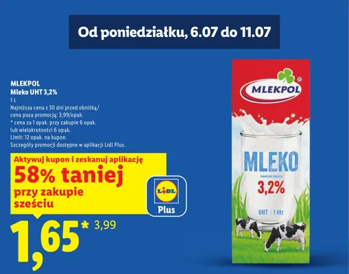 Mleko UHT 3,2% Mlekpol promocja w Lidl