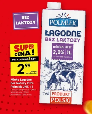 Mleko Łagodne bez laktozy 2,0% Polmlek UHT promocja w Twój Market