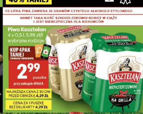 Piwo Kasztelan Niepasteryzowane promocja w Delikatesy Centrum