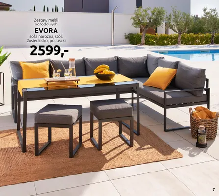 Zestaw mebli ogrodowych Evora sofa narożna stół 2xsiedzisko poduszki promocja w Black Red White