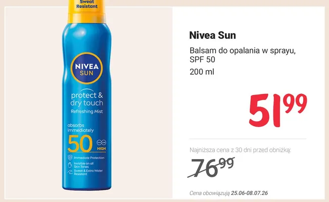 Balsam do opalania w sprayu Nivea Sun protect & dry touch Refreshing Mist SPF 50 promocja w Rossmann