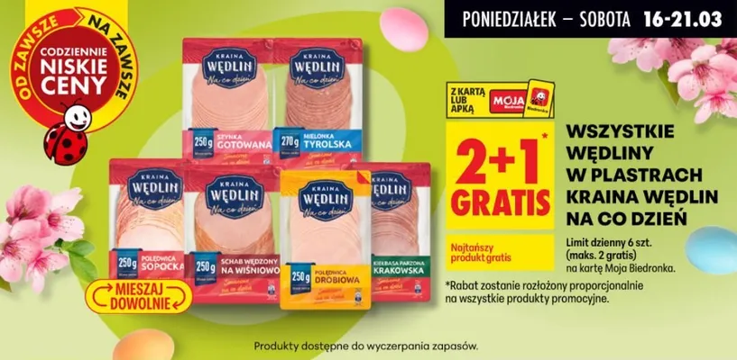 Wszystkie wędliny w plastrach 2+1 GRATIS promocja w Biedronka