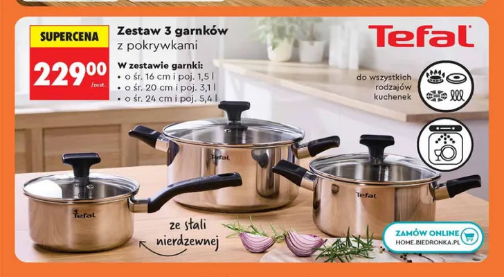 Zestaw 3 garnków z pokrywkami Tefal promocja w Biedronka