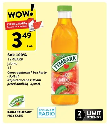 Sok 100% TYMBARK jabłko promocja w Intermarche