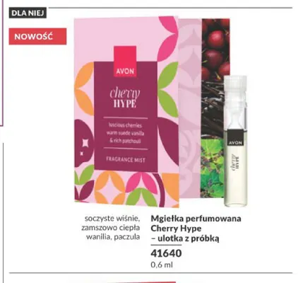 Mgiełka perfumowana Avon Cherry Hype – ulotka z próbką promocja w AVON