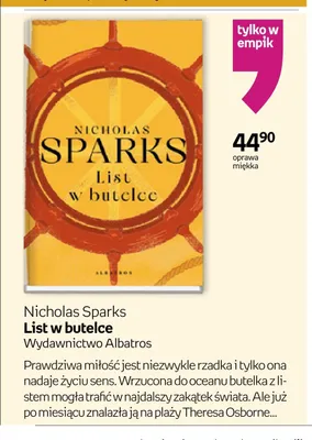 Książka List w butelce Nicholas Sparks Wydawnictwo Albatros oprawa miękka promocja w Empik
