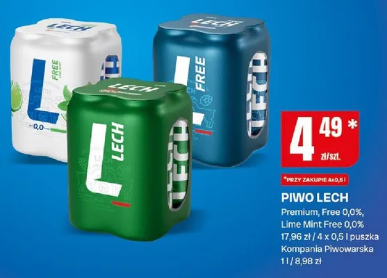 Piwo lech premium, free 0,0%, lime mint free 0,0% promocja w Chorten