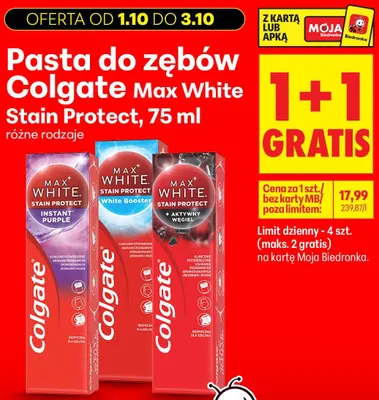 Pasta do zębów Colgate Max White Stain Protect Instant Purple promocja w Biedronka