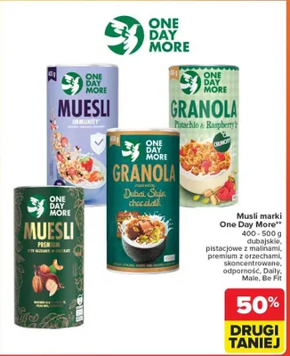 Musli marki One Day More pistacjowe z malinami, premium z liofilizowanymi, skoncentrowane, odporność, Daily, Male, Be Fit promocja w Carrefour