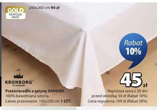 Prześcieradło z satyny Sandra 240x260 cm Kronborg promocja w Jysk